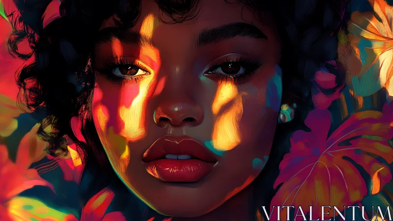 Digital portrait in dappled tropical light with neon foliage