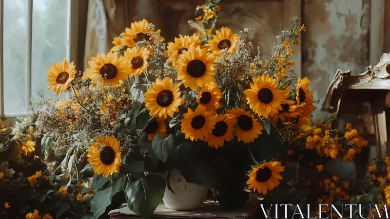Sunflowers arranged in ceramic vessel near window opening