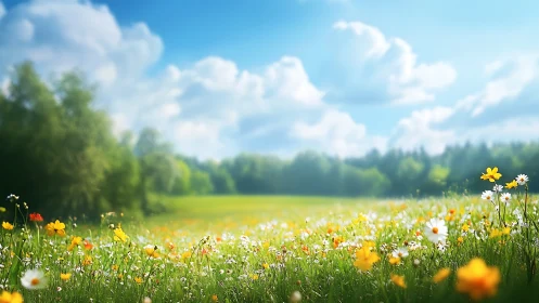Sunlit wildflower meadow humming beneath wide blue skies.