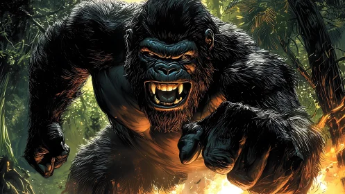 Roaring jungle titan charging through firelit shadows.