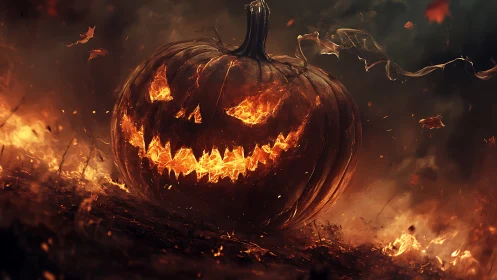 Digital painting of infernal jack o lantern with dynamic fire effects.