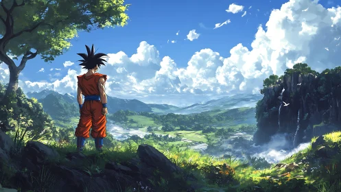 Lone hero soaking in a sunlit valley of clouds and cliffs.