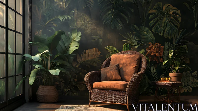 Rattan lounge chair in moody botanical interior lighting design.