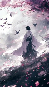 Lone figure contemplates valley beneath storm of petals