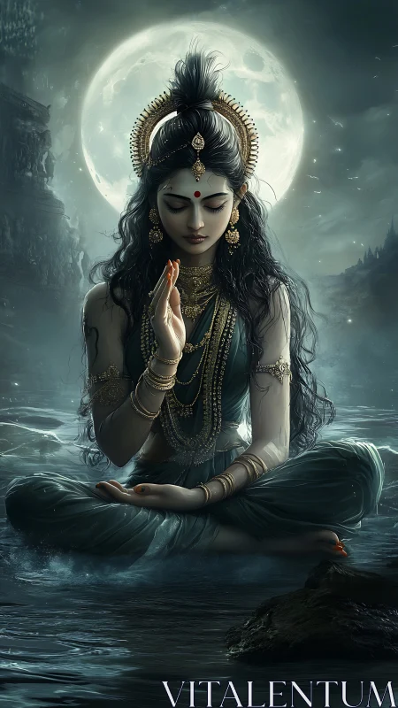 Moonlit goddess meditates in luminous, sacred waters