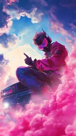 Gas-masked rider in magenta vapor with high-contrast neon sky