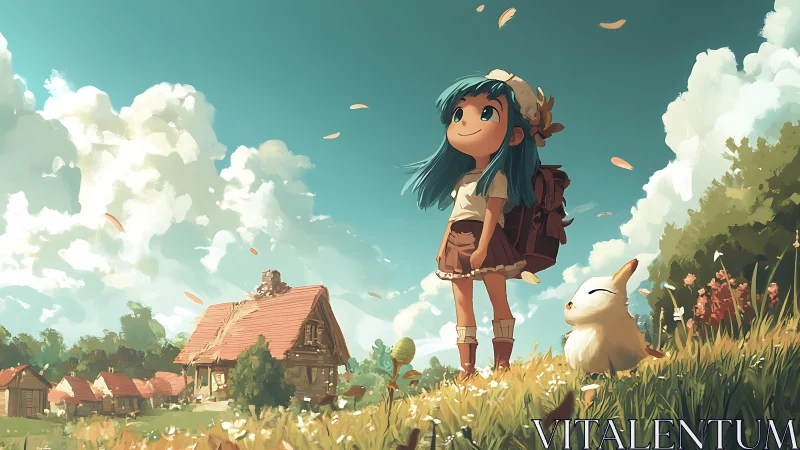 Young traveler and companion in rural village landscape.