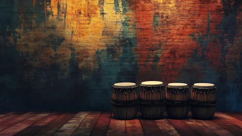 Wooden conga drums align before a textured, color‑washed wall