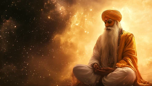 Mystic guru meditates in radiant golden cosmic space.