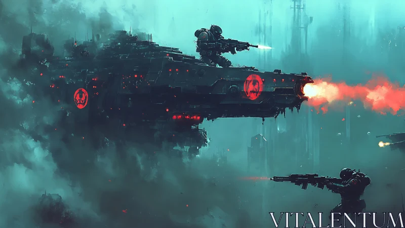 Armored grav-troopers assault gunship in toxic urban fog.