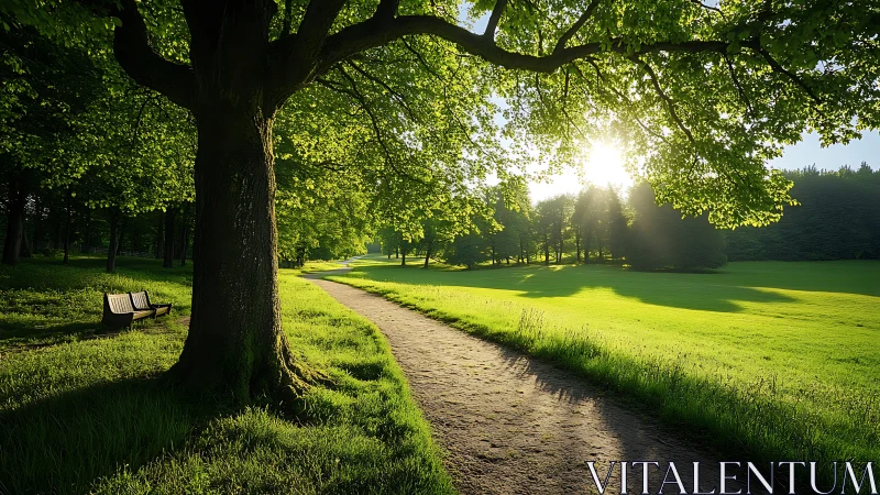 Sunlit park path winds through tranquil green landscape