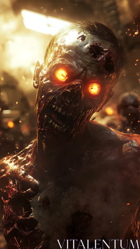 Flaming-eyed undead figure stands in a blurred infernal setting