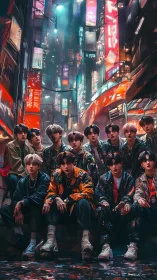 Group of youths sits in illuminated urban alley at night