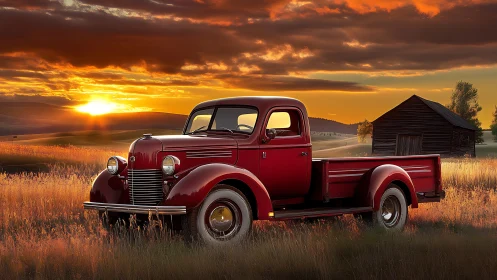 Sunset memories with a vintage red farm truck in gold fields.