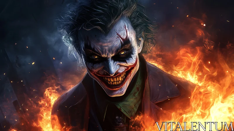 Chaos-clad clown villain emerging through raging flames.