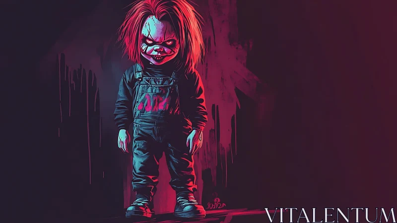 Sinister doll stalks crimson-shadowed hallway of dread.