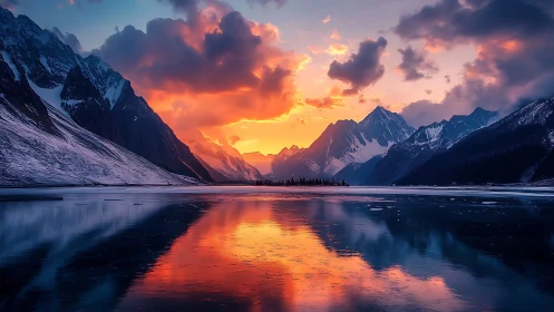 Glacial mountain basin at sunset with specular sky reflection.