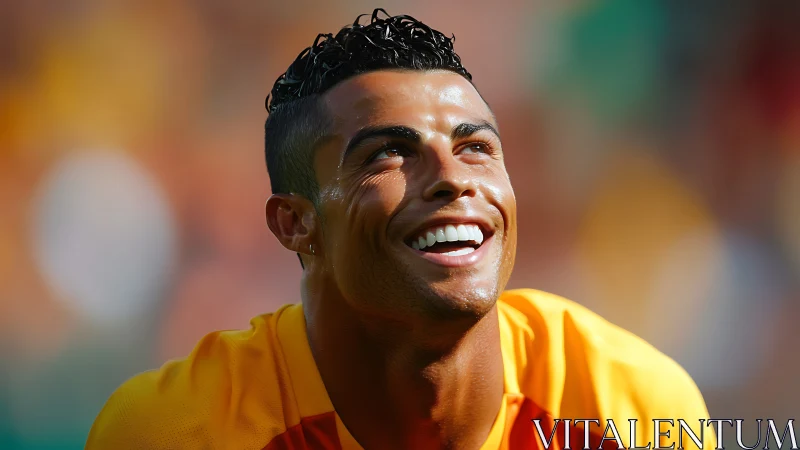 Soccer player in yellow jersey smiles under bright sunlight