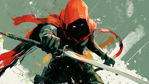 Hooded swordsman in red scarf against abstract backdrop.