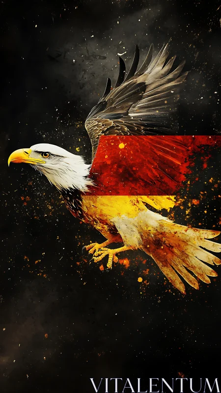 Flag-forged eagle streaks through cosmic ash and embers