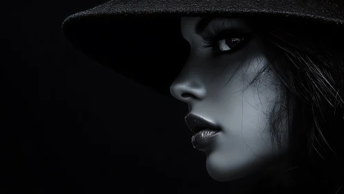 Shadowlit portrait of a mysterious woman in deep focus.