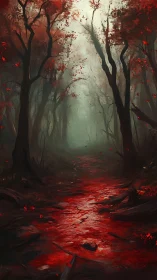Crimson forest path with blood-red stream and autumn foliage
