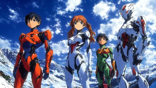 Armored anime heroes stand united beneath a vivid winter sky