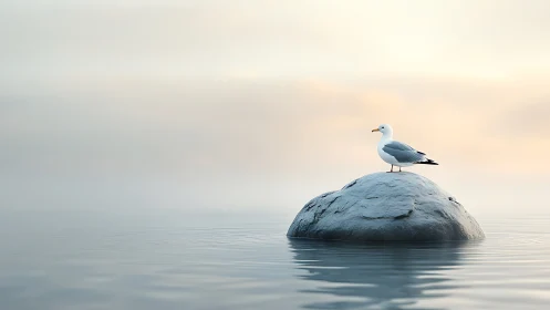Solitary seagull on coastal rock in misty dawn light.