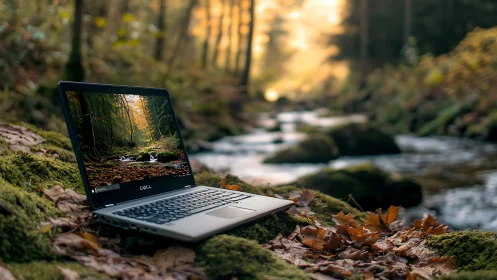Field-deployed laptop amid mossy stream corridor, bokeh-lit woods.