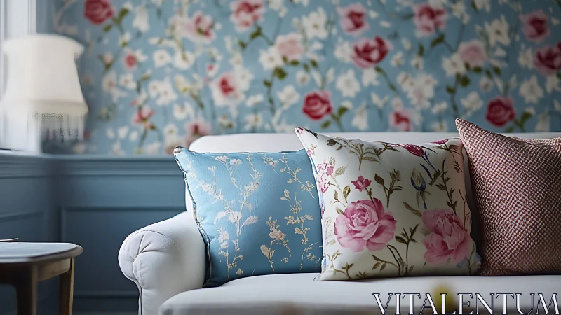 Cozy floral sofa pillows in a soft blue cottage living room.