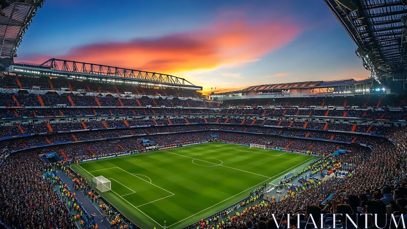 Sunset stadium roars while emerald pitch waits in silence