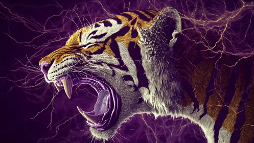 Side profile of roaring tiger with stylized energy lines.