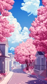 Pink-blossomed street curves beneath towering spring clouds.