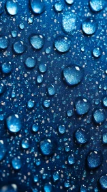 Macro water droplets on glossy blue textured surface.