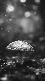 Monochrome macro study of rainlit forest mushroom form.