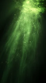 Emerald light shafts cascade through dark underwater void.