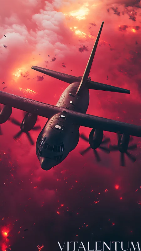 Military transport aircraft dives through burning red sky