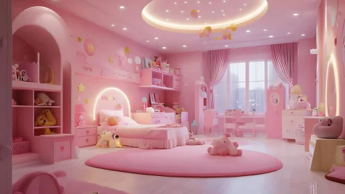 Pink children’s bedroom with toys, desk and round ceiling light.