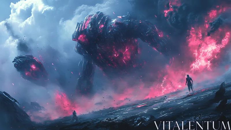 Colossal energy construct confronts two humans on rugged terrain