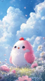 Strawberry-Crowned Cherub Floats Through Pastel Cloud Meadow.