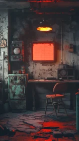 Rustlit bunker workstation under choking emergency glow.