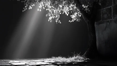 Monochrome courtyard tree under sculpted volumetric sunlight.