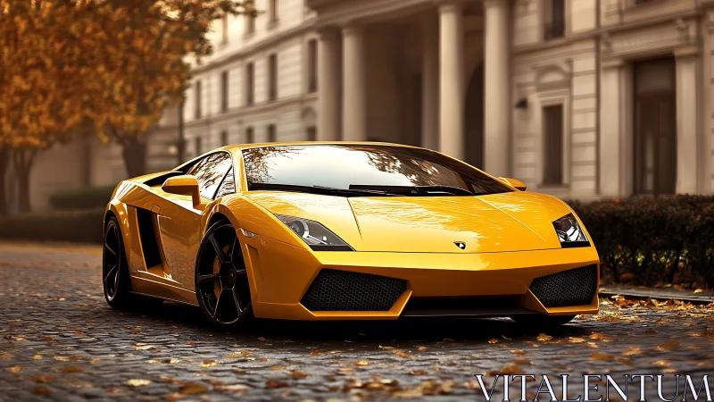 Yellow supercar parked on cobblestone street in autumn light