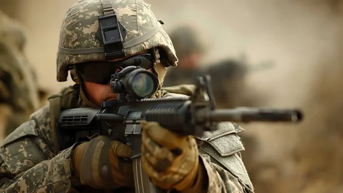 Soldier aiming rifle in desert combat training environment.