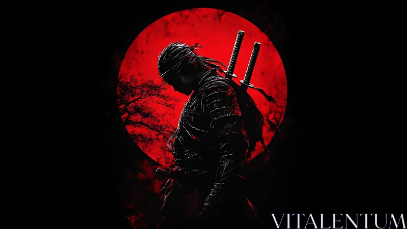 Lone ninja silhouette before large red moon with katanas.
