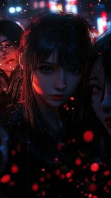 Young women in neon cityscape with red particulate glow.