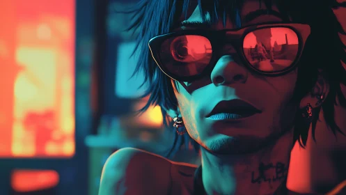 Neon-lit cyberpunk portrait with reflective red glasses.