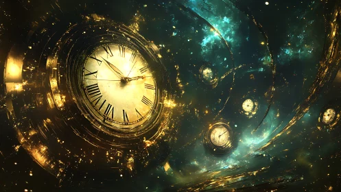 Clustered clock faces within luminous swirling space field.