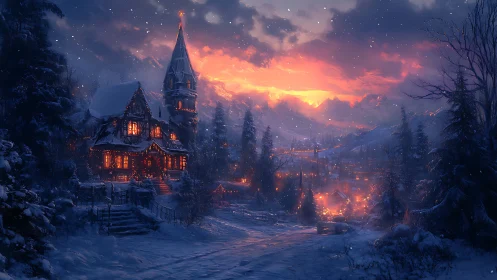 Snow-covered alpine village at dusk with glowing chalet lights