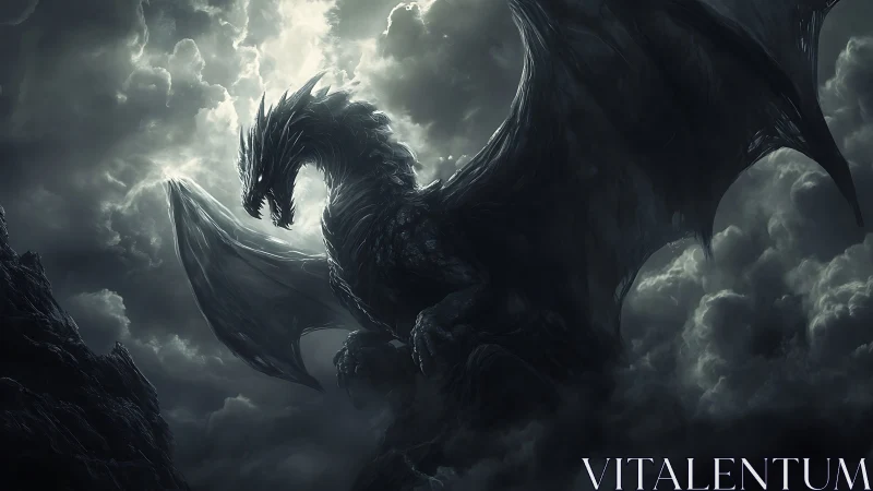 Stormlit obsidian dragon emerging through turbulent clouds.